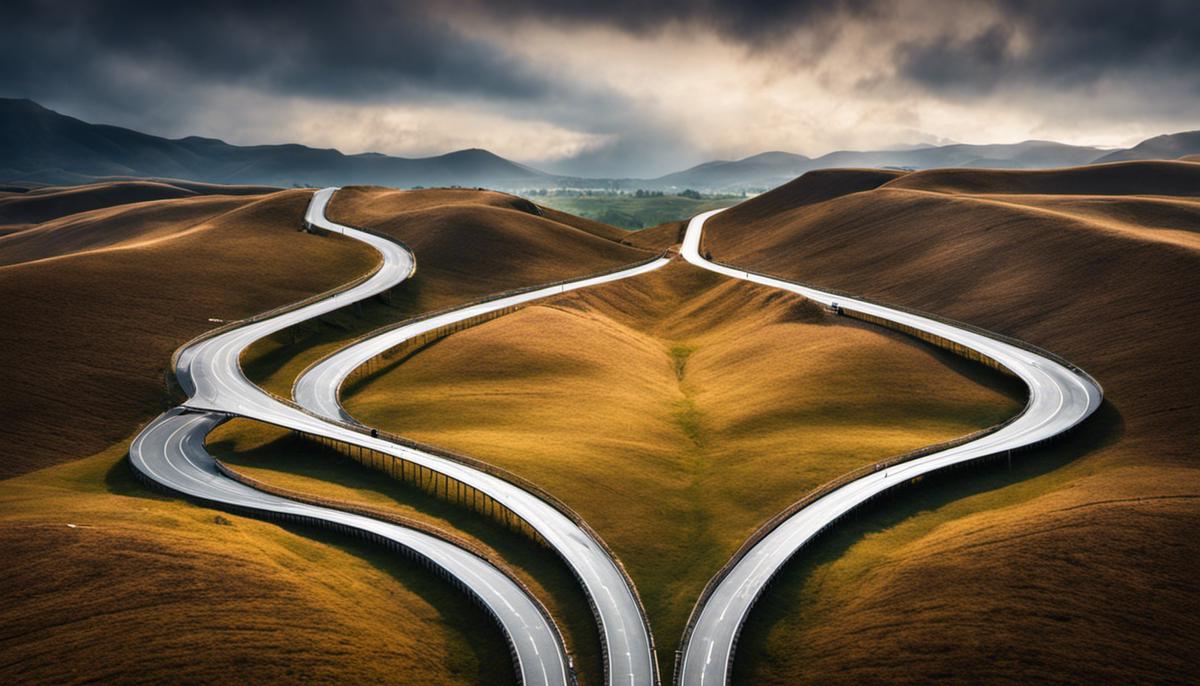 Image depicting two paths diverging in opposite directions