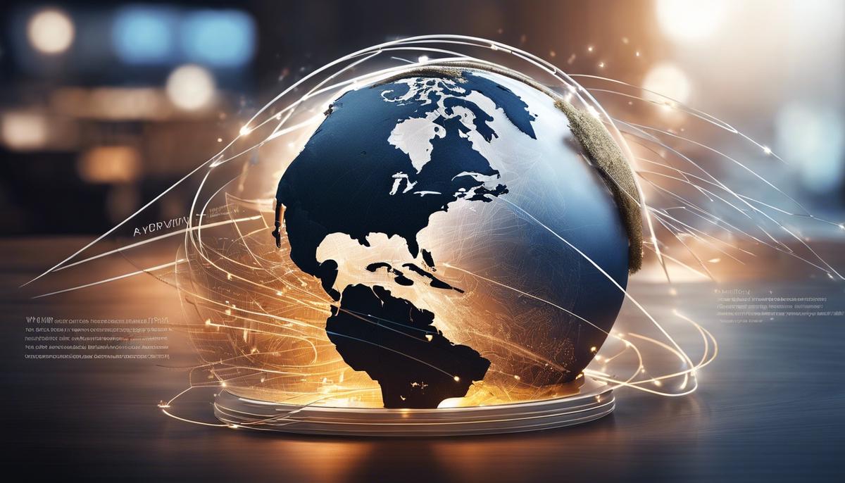 An image depicting the potential of a hybrid work model, showcasing a globe with interconnected arrows representing global outreach and productivity.