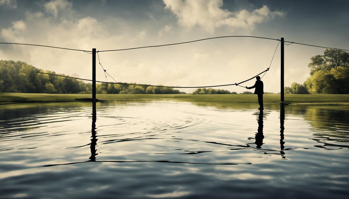 Image depicting the concept of job hopping, showing a person on a tightrope over water with caution signs along the way.