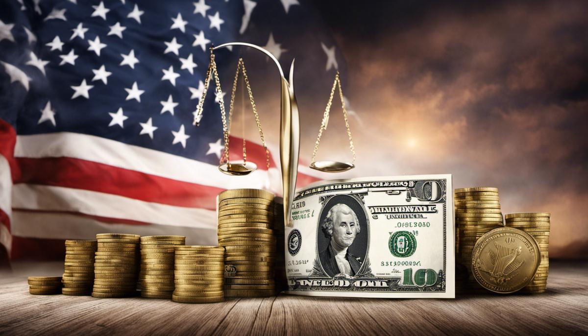 Image depicting the concept of national debt, showcasing a scale symbolizing global economic impact and a U.S. dollar symbol representing the significant position of the United States in the international finance scene.
