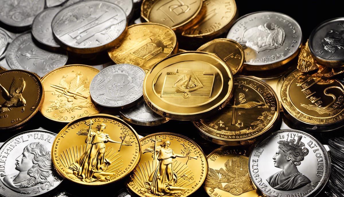 An image of various precious metal investments, including coins, gold bars, and cryptocurrency, representing different platforms for investing in precious metals