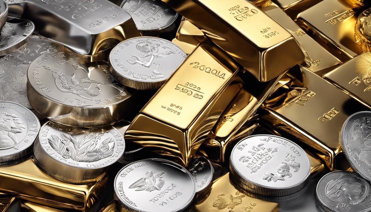 An image of different precious metals like gold, silver, platinum, and palladium. These metals are stacked on top of each other, forming a shiny and lustrous display.